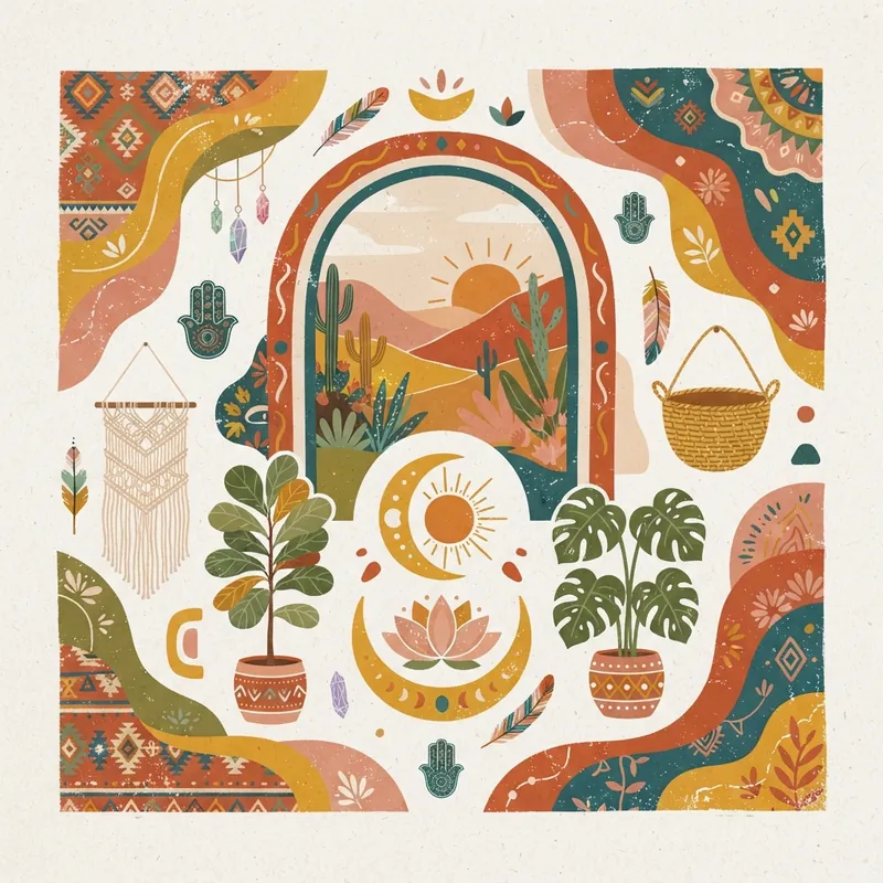 Example of Bohemian (Boho) graphic design: Earthy, Layered, Eclectic