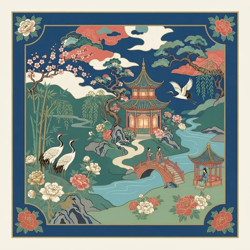 Example of Chinoiserie graphic design: Patterned, Illustration-led, Ornate