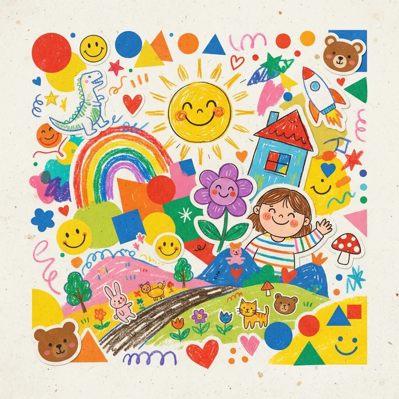 Example of Kidcore graphic design: Playful, Hand-drawn, Saturated