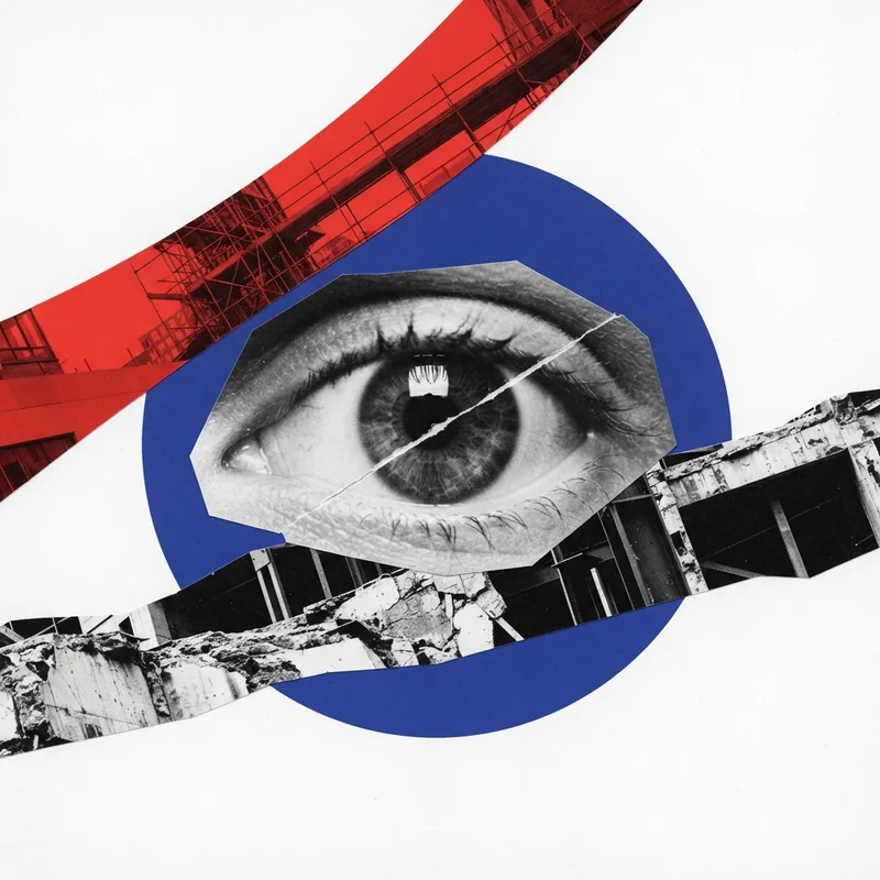Example of Photomontage (distinct from Mixed Media) graphic design: Collage, Layered, High contrast