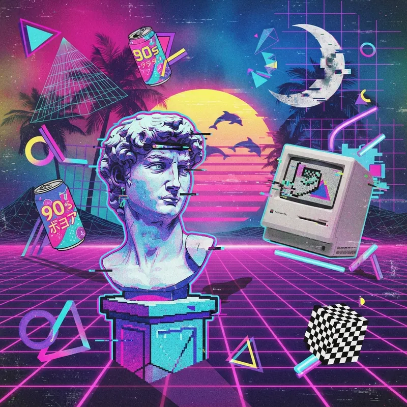 Example of Vaporwave graphic design: Glitchy, Neon, Nostalgic